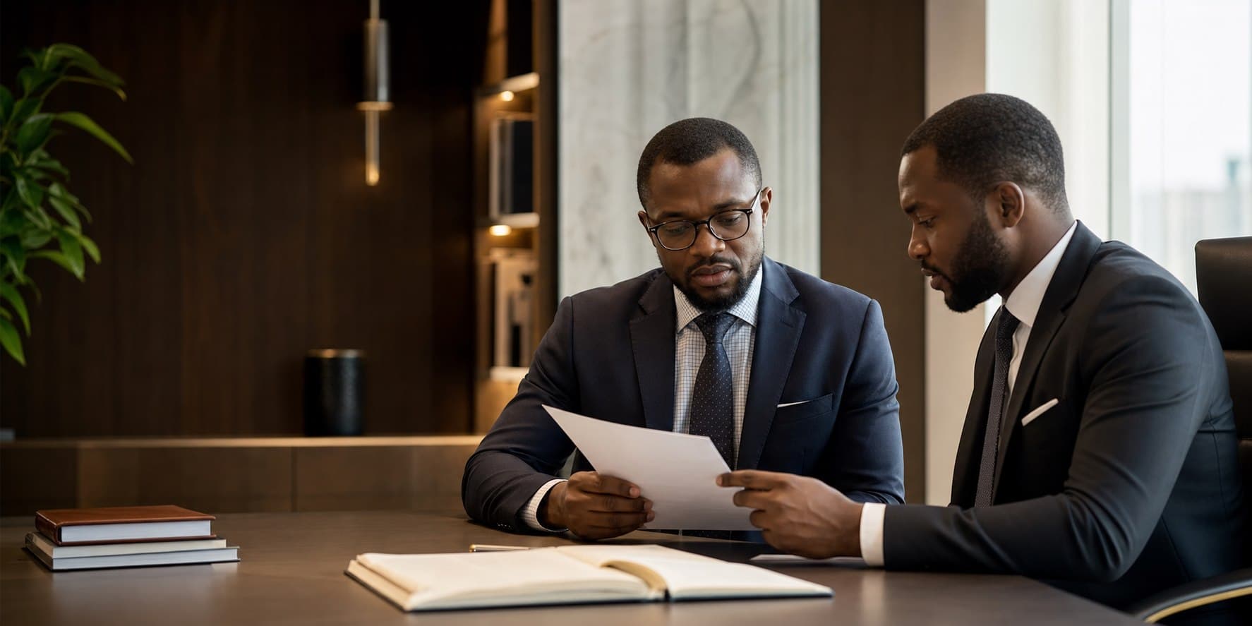 Two Black legal professionals reviewing a document in a modern office