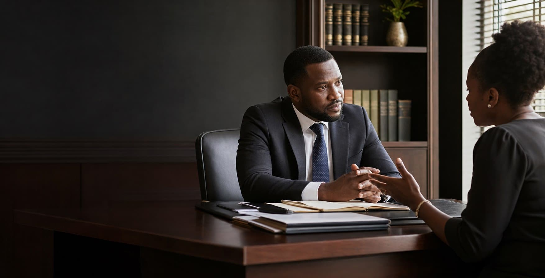 A Black lawyer listening carefully during a client consultation